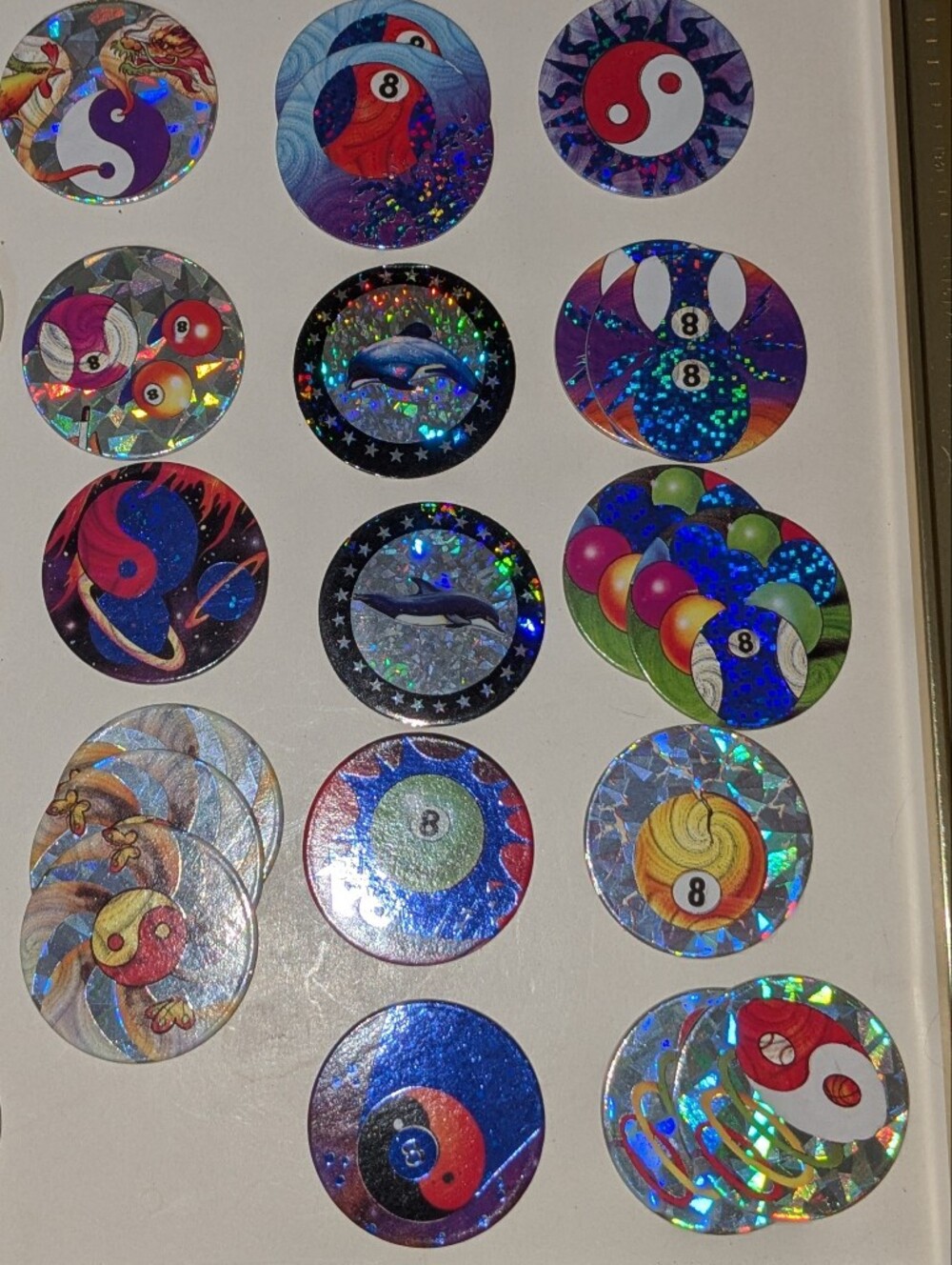 Vintage Holographic Milk Cap Collection In  Assorted 8-ball, Peace Signs, Etc